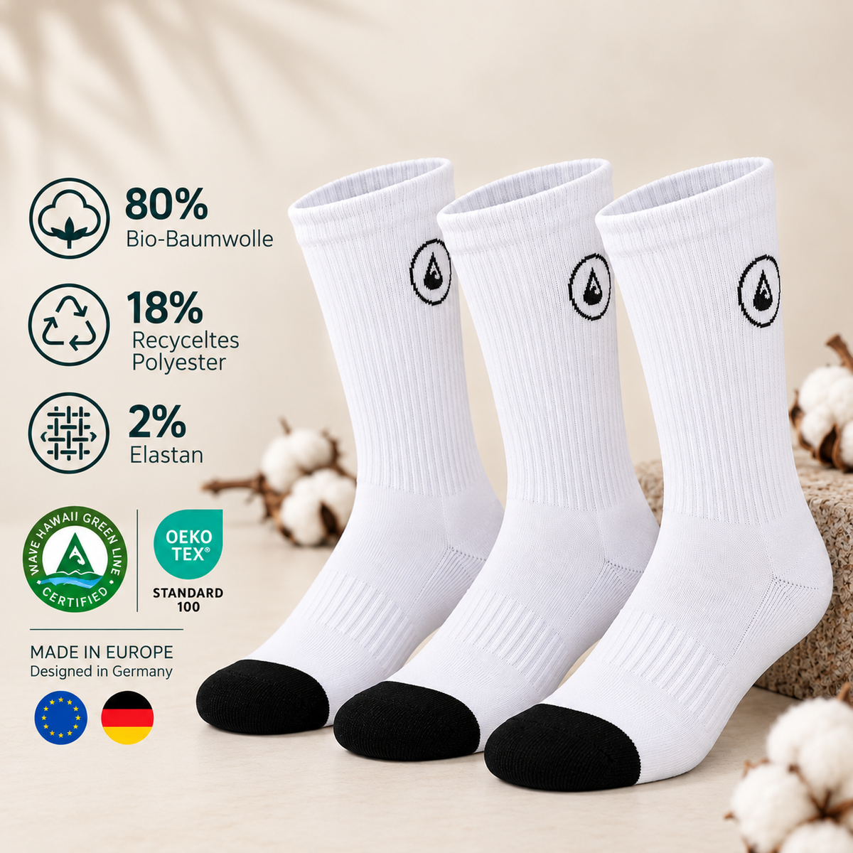 3er Set | Cotton Crew Socks Logo (weiß)