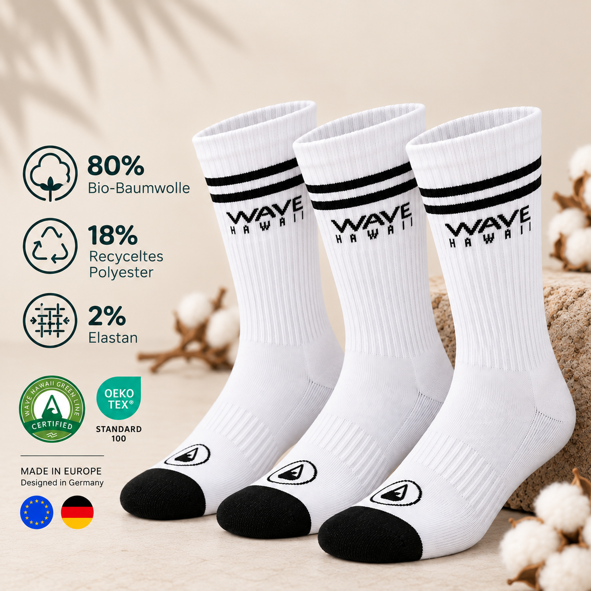 3-Pack | Cotton Crew Socks Stripe + Logo (white) | Test